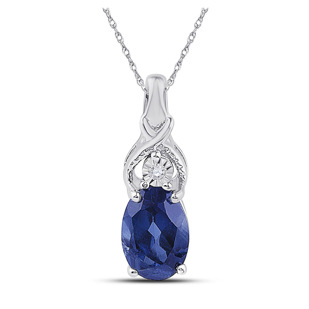 Sterling Silver Womens Oval Lab-Created Blue Sapphire Solitaire Diamond Pendant 7/8 Cttw