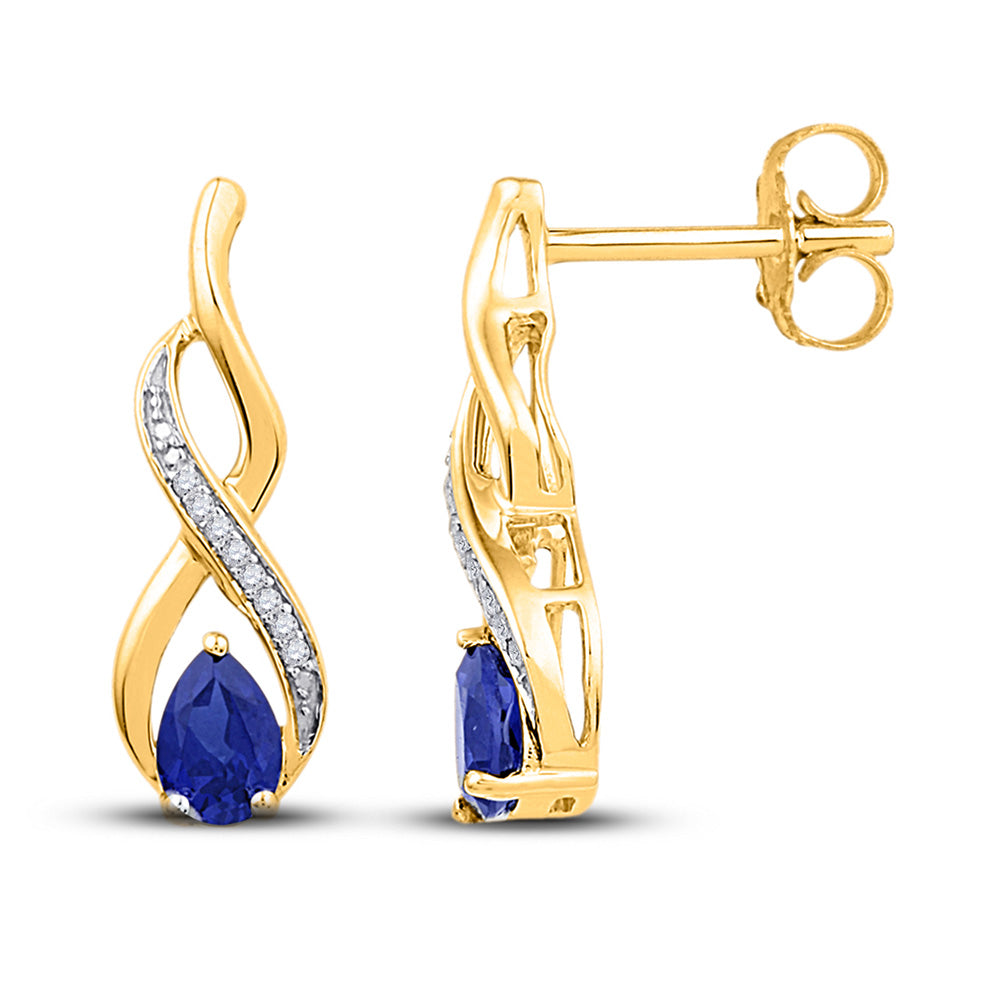 10kt Yellow Gold Womens Pear Lab-Created Blue Sapphire Diamond Earrings 1 Cttw