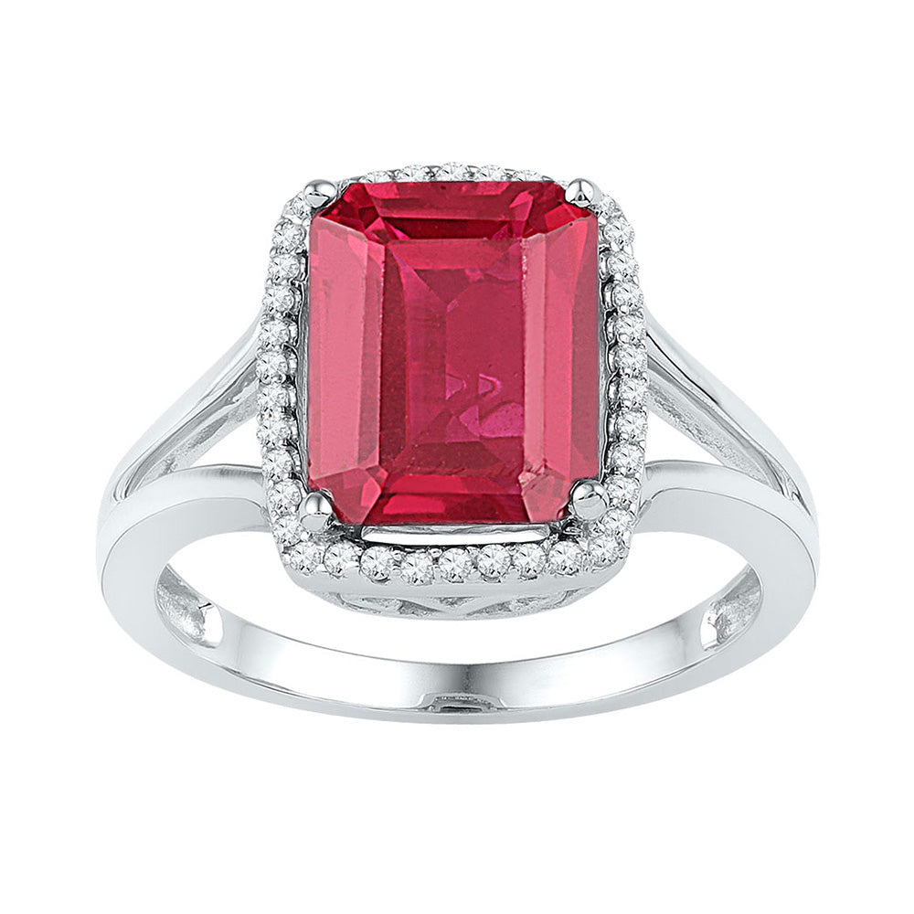 10kt White Gold Womens Emerald Lab-Created Ruby Solitaire Diamond Ring 4-5/8 Cttw