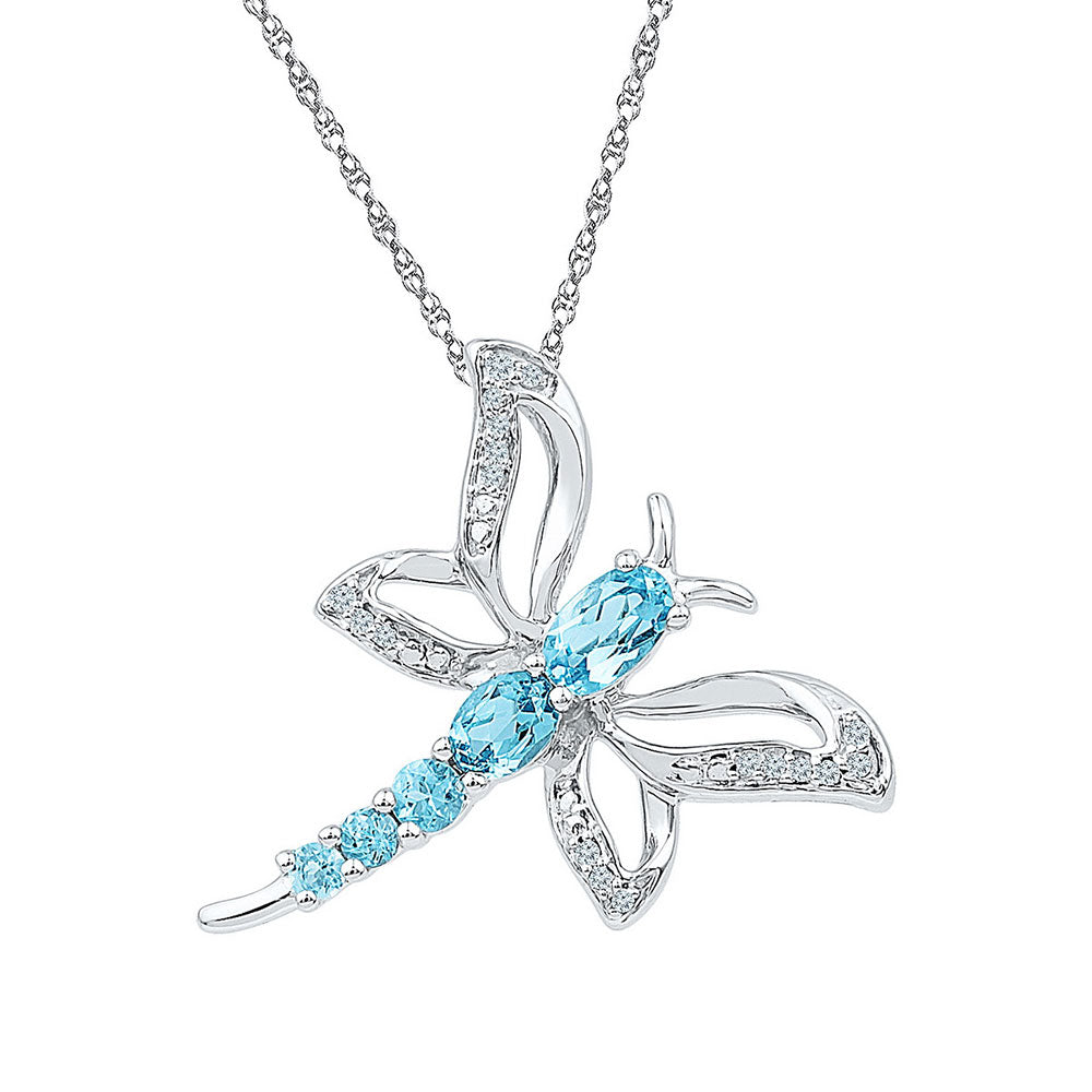Sterling Silver Womens Round Lab-Created Blue Topaz Dragonfly Bug Pendant 1 Cttw