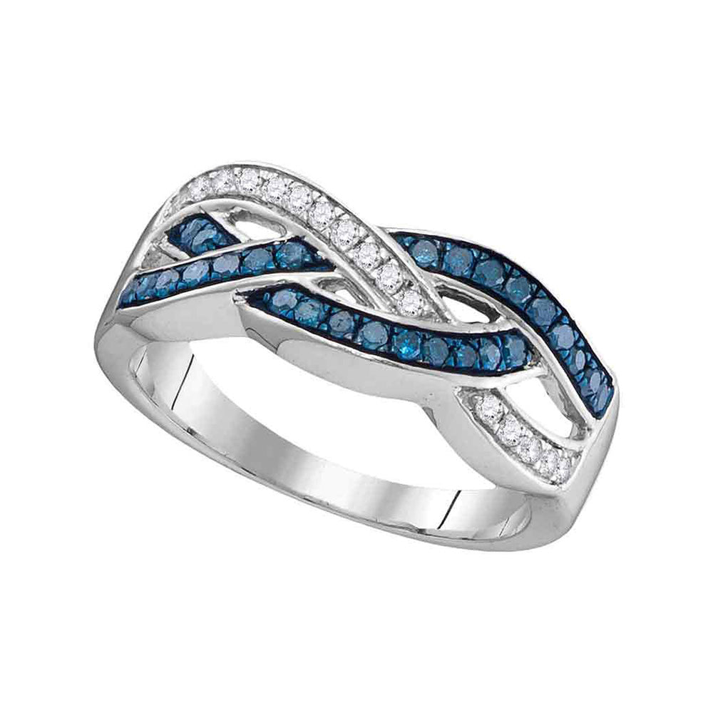 10kt White Gold Womens Round Blue Color Enhanced Diamond Crossover Band Ring 1/3 Cttw