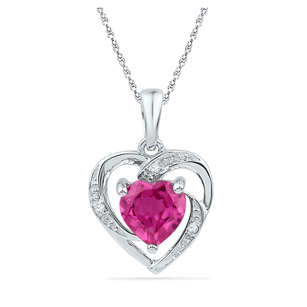 10kt White Gold Womens Round Lab-Created Pink Sapphire Heart Pendant 1 Cttw