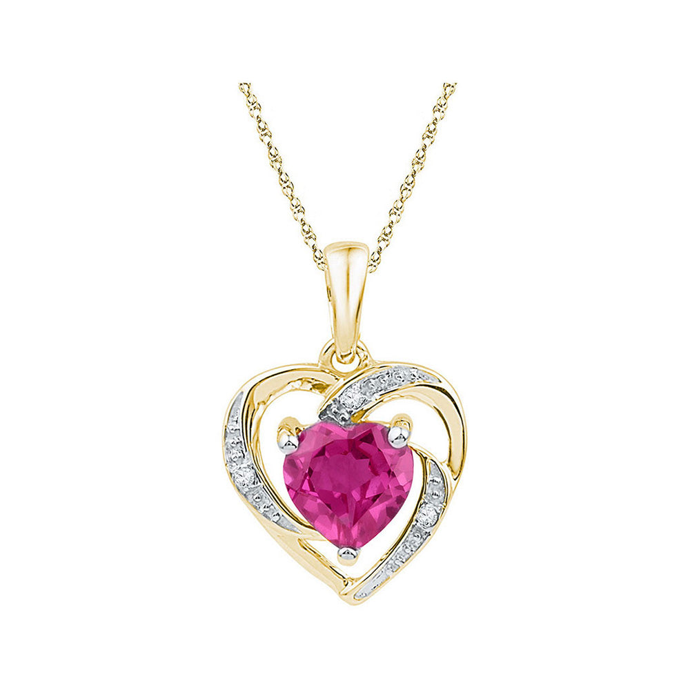 10kt Yellow Gold Womens Round Lab-Created Pink Sapphire Heart Pendant 1 Cttw