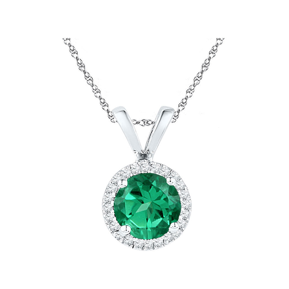 10k White Gold Womens Lab-Created Emerald Solitaire & Diamond Halo Pendant 7/8 Cttw
