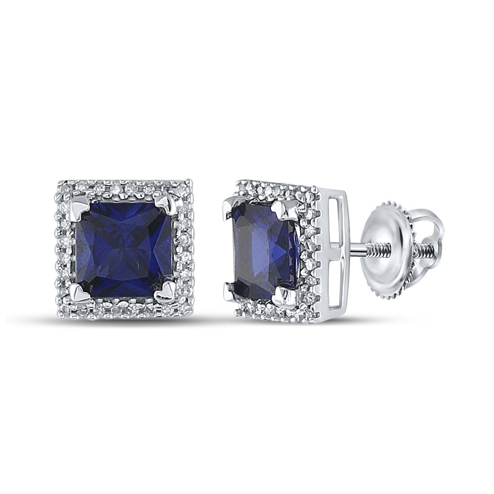 10kt White Gold Womens Princess Lab-Created Blue Sapphire Stud Earrings 2 Cttw