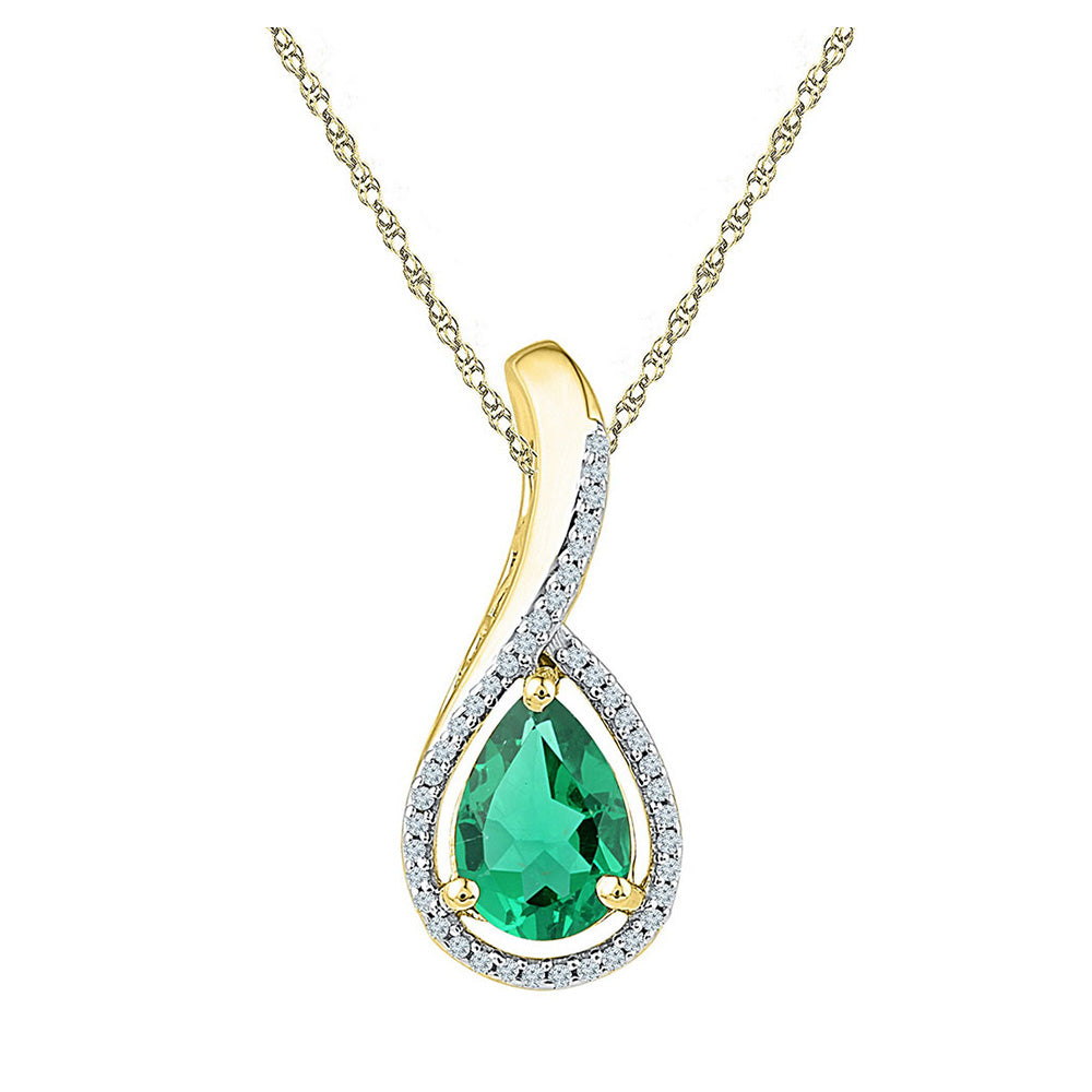 10kt Yellow Gold Womens Pear Lab-Created Emerald Solitaire Diamond Pendant 2 Cttw