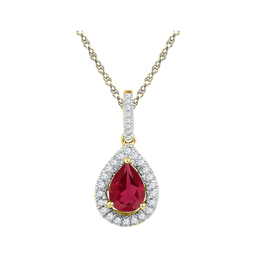 10kt Yellow Gold Womens Pear Lab-Created Ruby Solitaire Diamond Frame Pendant 1-7/8 Cttw