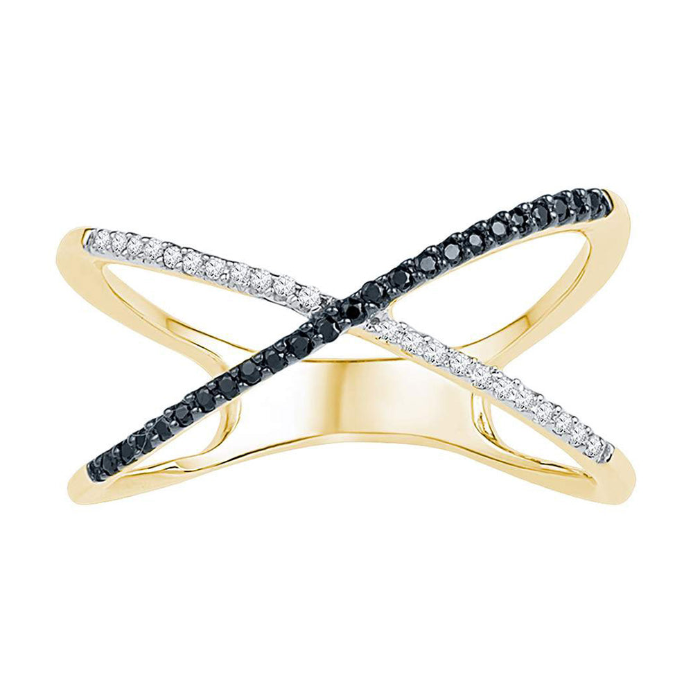 10kt Yellow Gold Womens Round Black Color Enhanced Diamond Crossover Band Ring 1/6 Cttw