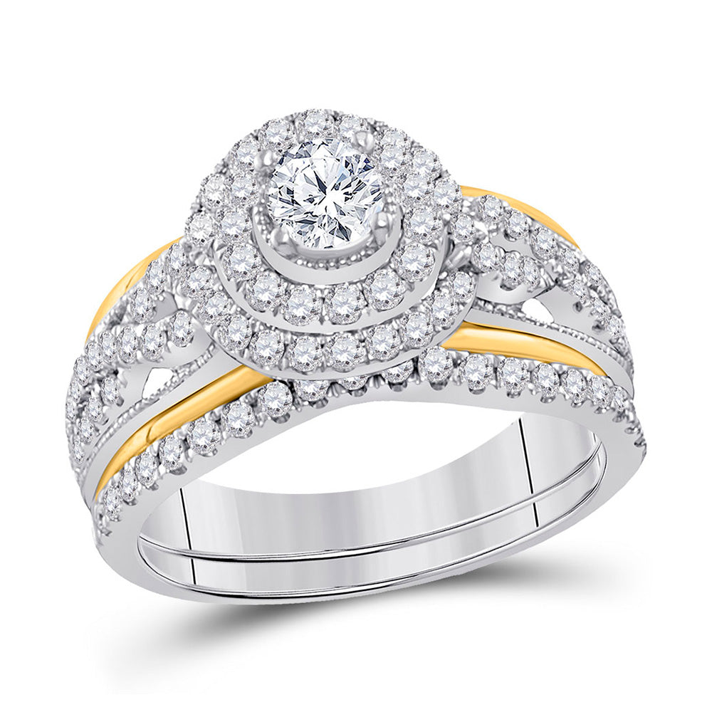 14kt Two-tone Gold Round Diamond Bridal Wedding Ring Band Set 1-1/5 Cttw