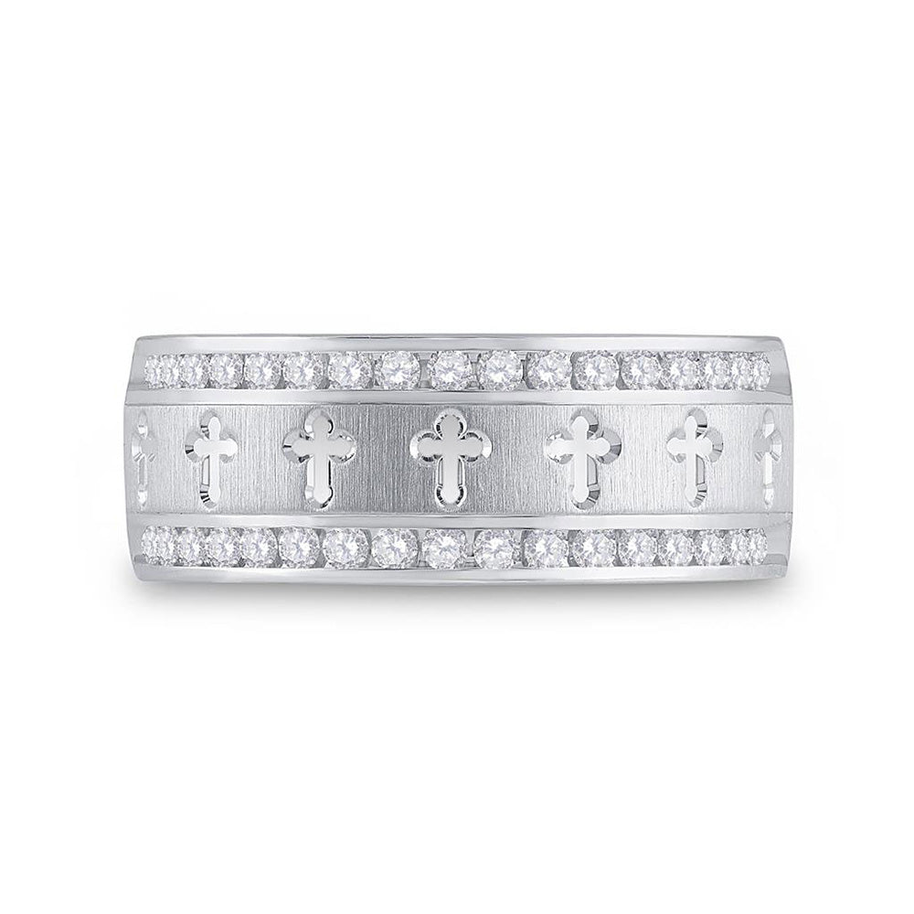 14kt White Gold Mens Round Diamond Wedding Cross Band Ring 1/2 Cttw