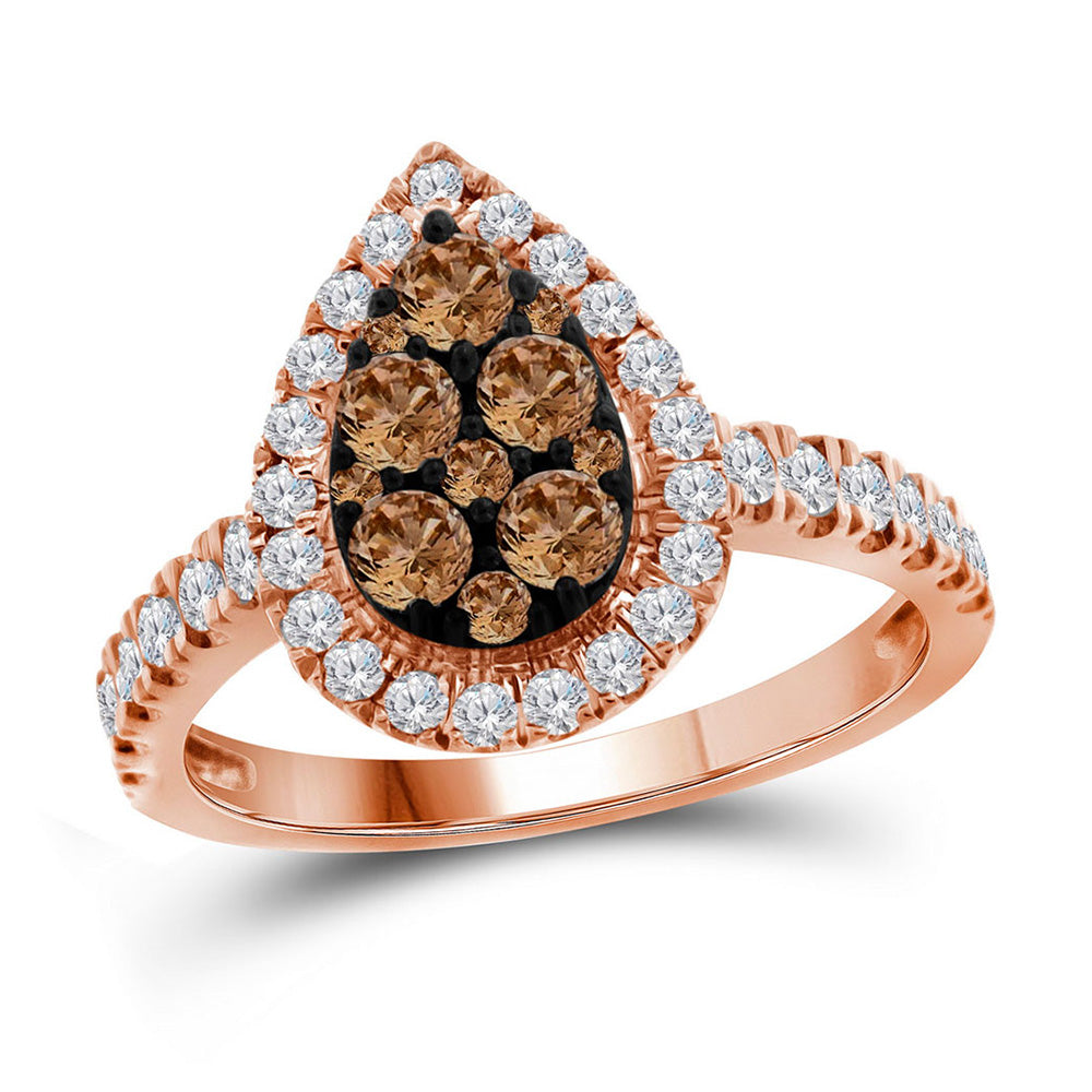 10kt Rose Gold Womens Round Brown Diamond Teardrop Cluster Ring 1 Cttw