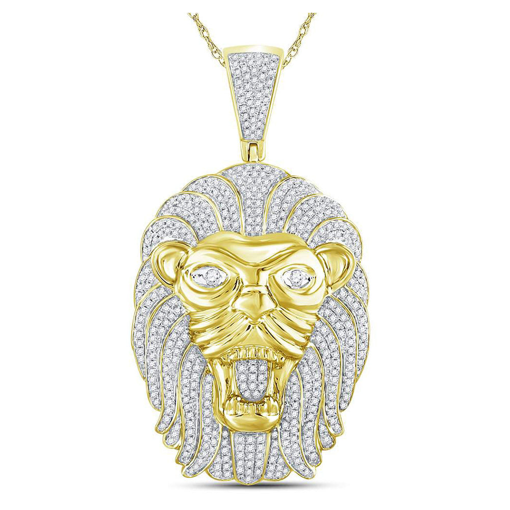 10kt Yellow Gold Mens Round Diamond Lion Face Mane Charm Pendant 1-1/4 Cttw