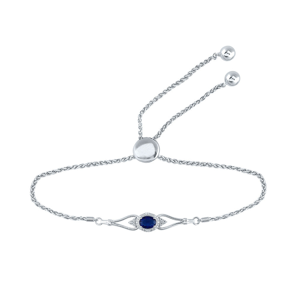 Sterling Silver Womens Oval Lab-Created Blue Sapphire Diamond Bolo Bracelet 1 Cttw