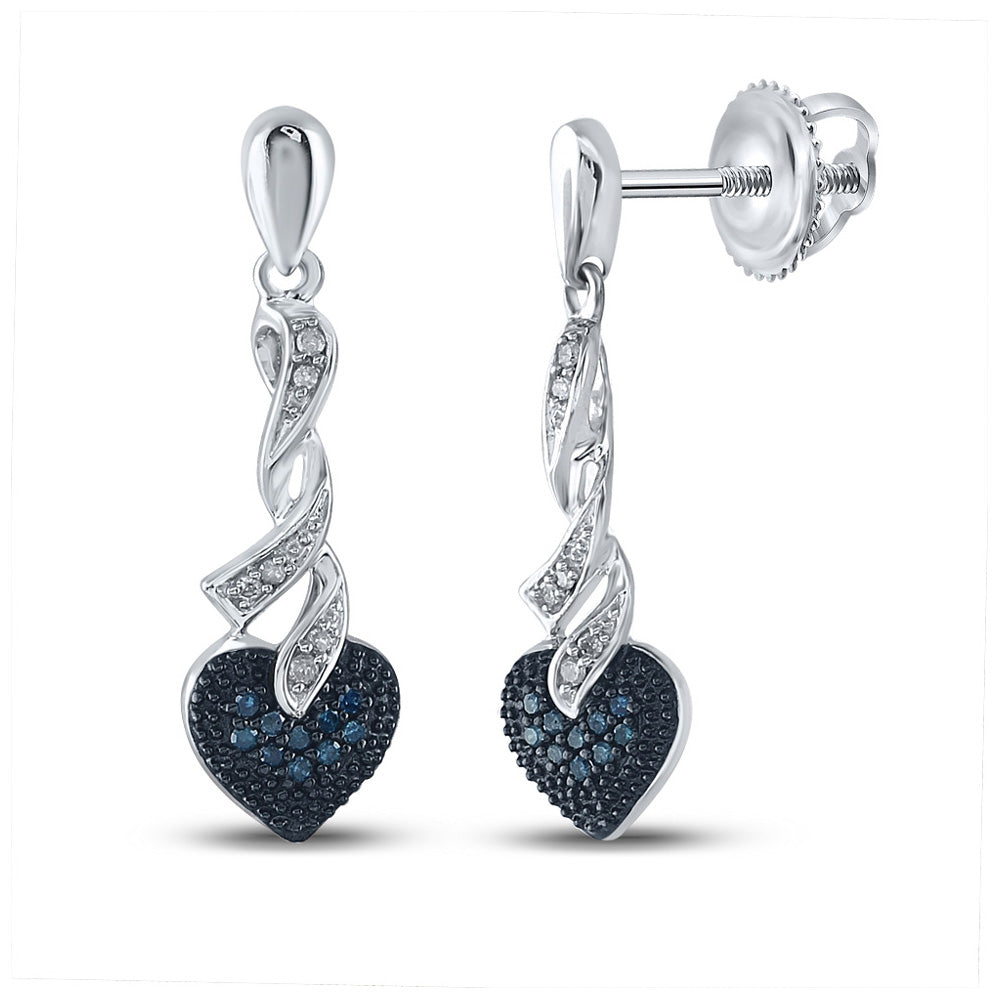 Sterling Silver Womens Round Blue Color Enhanced Diamond Heart Dangle Earrings 1/5 Cttw