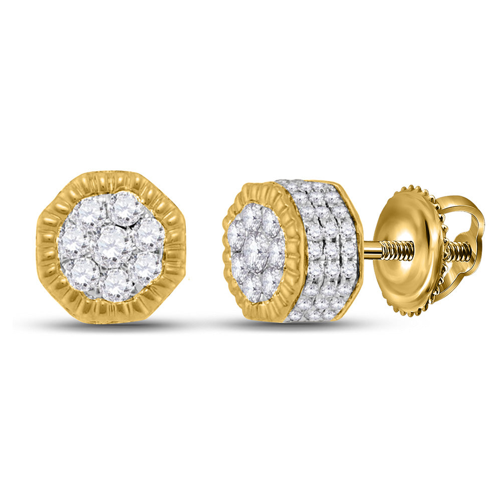 10kt Yellow Gold Mens Round Diamond Fluted Hexagon Cluster Stud Earrings 3/4 Cttw