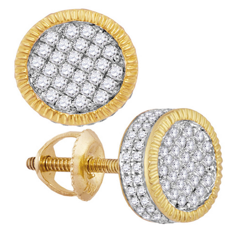 10kt Yellow Gold Mens Round Diamond Fluted Circle Cluster Stud Earrings 7/8 Cttw