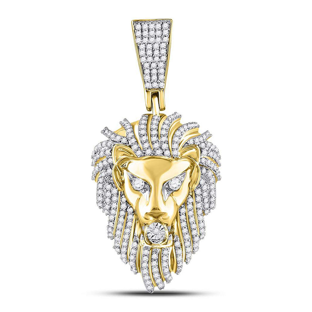 10kt Yellow Gold Mens Round Diamond Lion Head Charm Pendant 1-1/3 Cttw