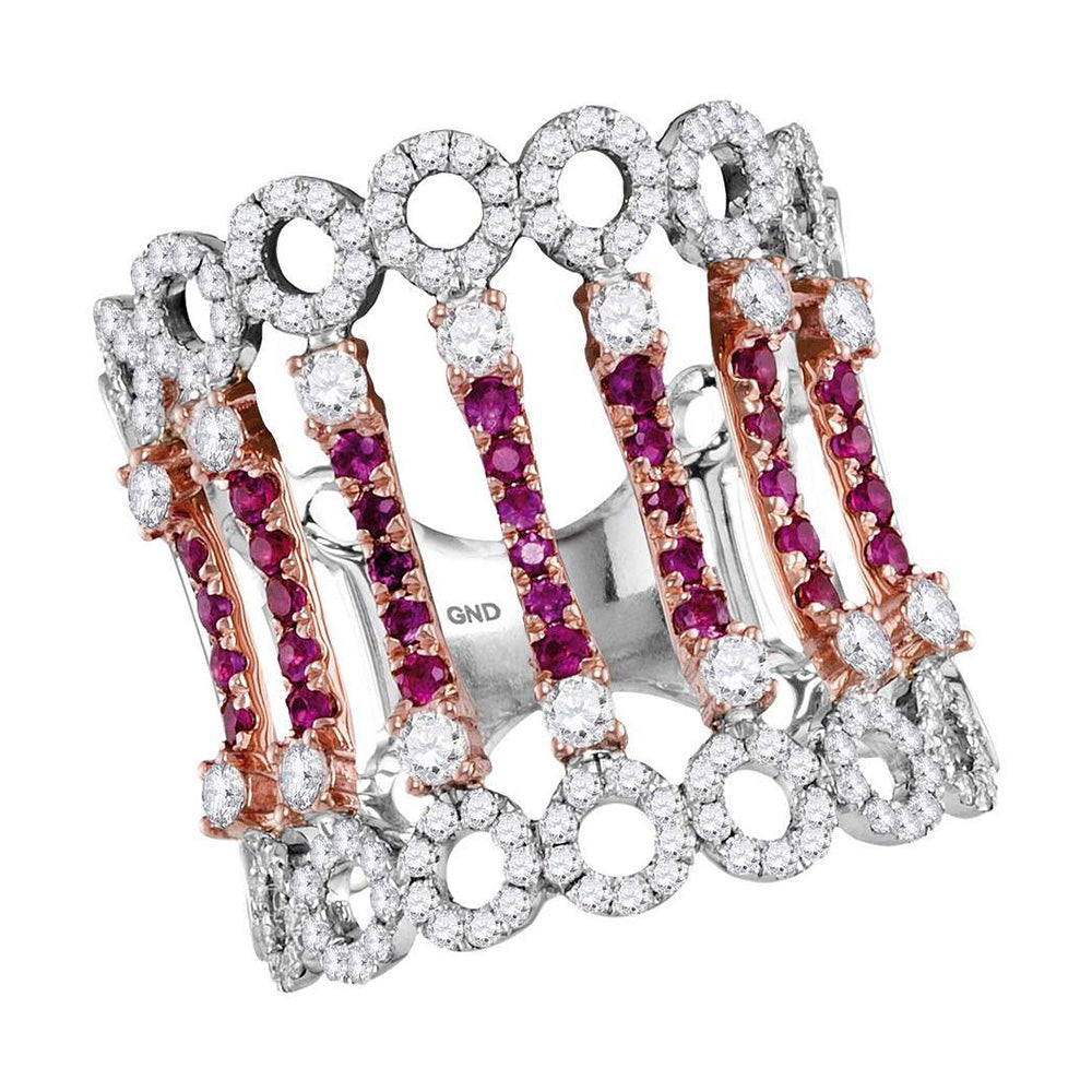 14kt Two-tone White Rose Gold Womens Round Ruby Diamond Cocktail Fashion Ring 1-1/2 Cttw
