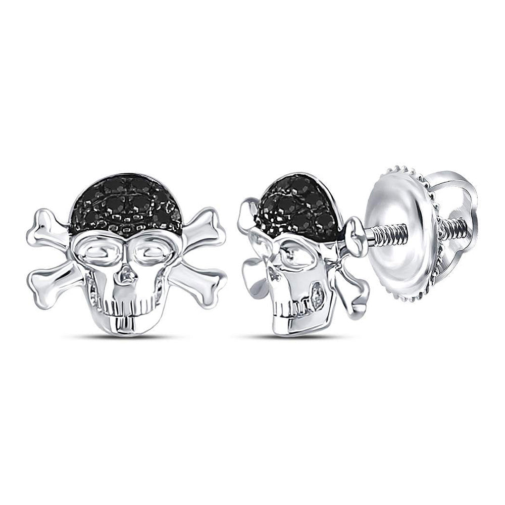 Sterling Silver Black Color Enhanced Diamond Pirate Skull Crossbones Earrings 1/10 Cttw