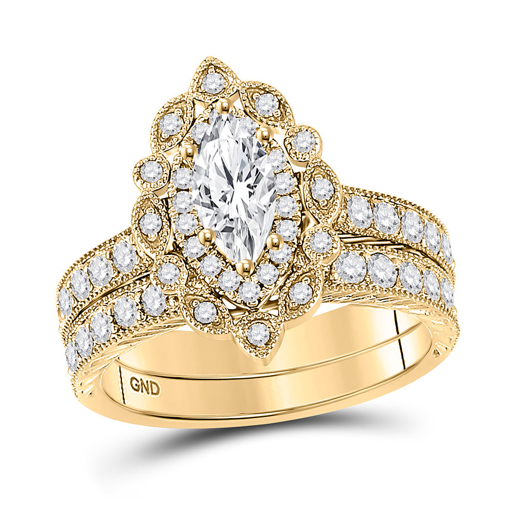 14kt Yellow Gold Marquise Diamond Halo Bridal Wedding Ring Band Set 2 Cttw
