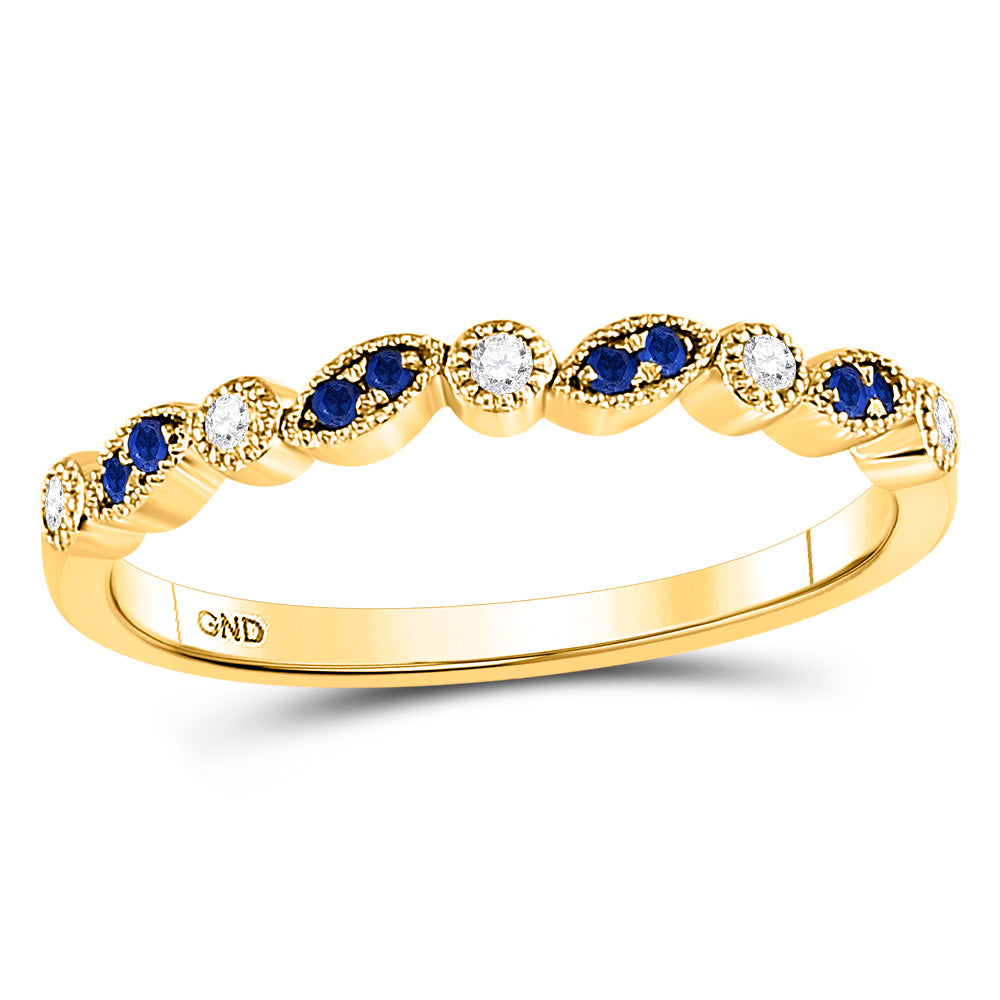 10kt Yellow Gold Womens Round Blue Sapphire Diamond Stackable Band Ring 1/10 Cttw