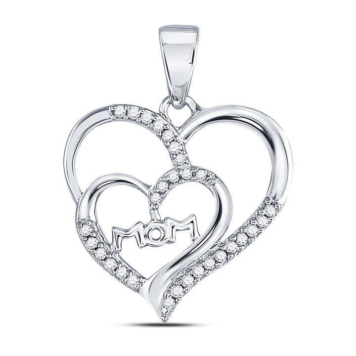 10kt White Gold Womens Round Diamond Mom Mother Double Heart Pendant 1/8 Cttw