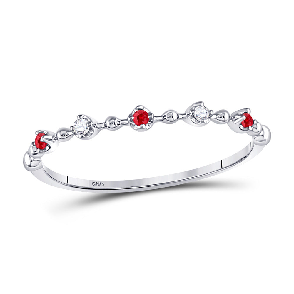 10kt White Gold Womens Round Ruby Diamond Beaded Stackable Band Ring 1/20 Cttw