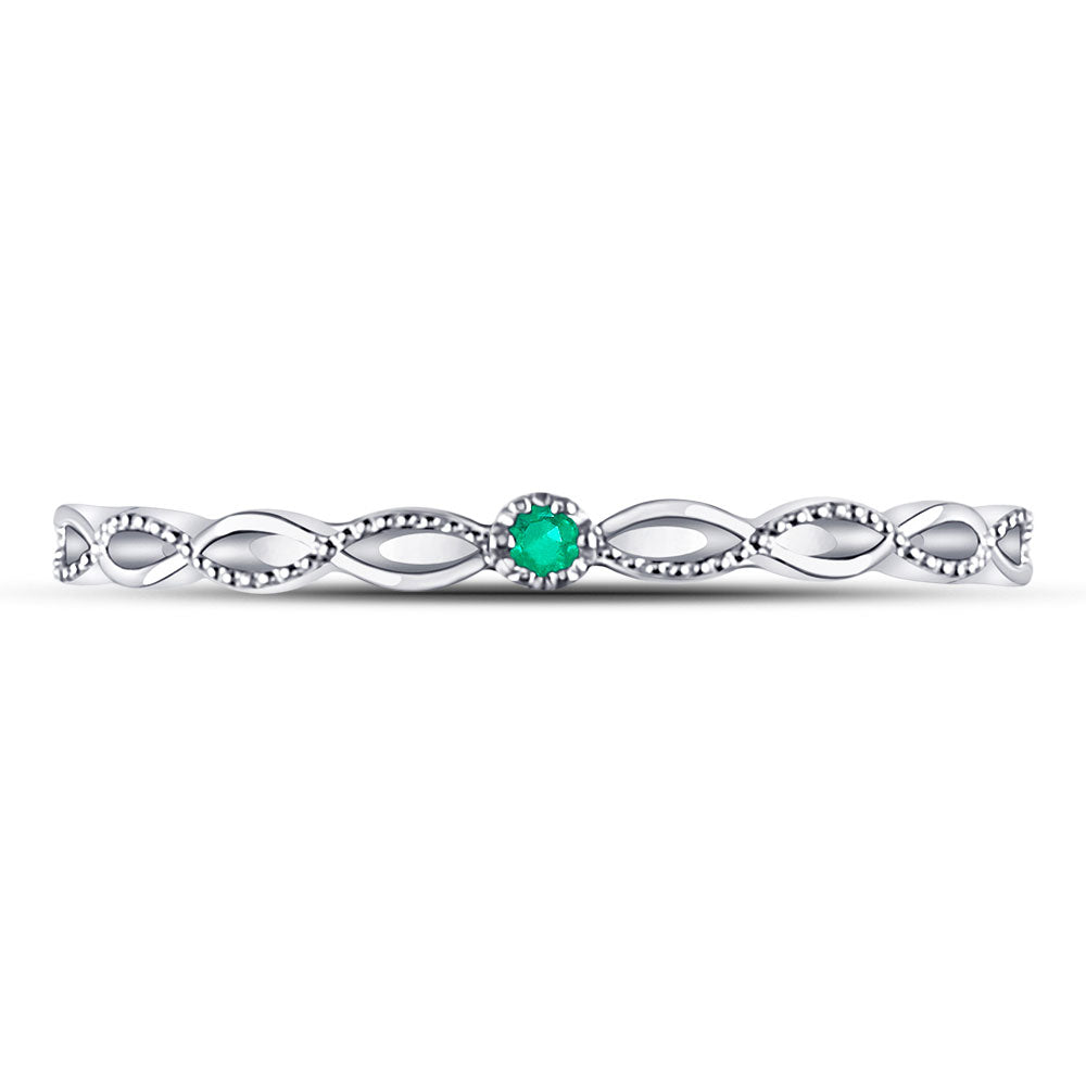 10kt White Gold Womens Round Emerald Solitaire Milgrain Stackable Band Ring .01 Cttw
