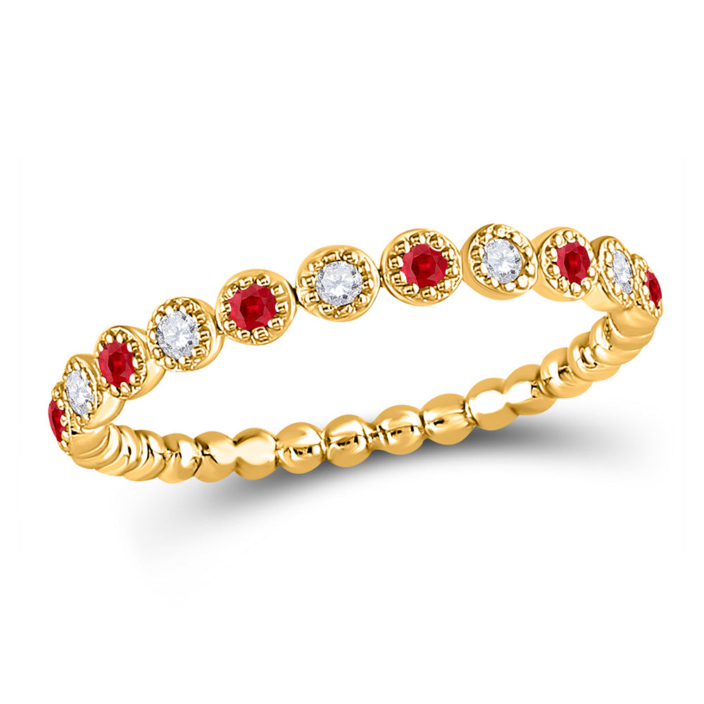 10kt Yellow Gold Womens Round Ruby Diamond Beaded Dot Stackable Band Ring 1/6 Cttw