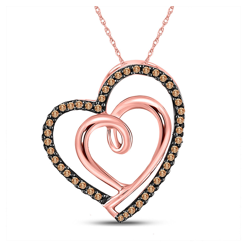10kt Rose Gold Womens Round Brown Diamond Double Heart Pendant 1/6 Cttw