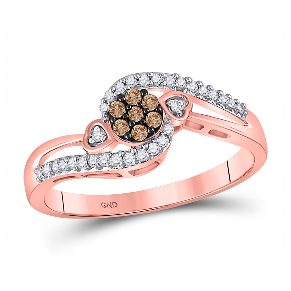 10kt Rose Gold Womens Round Brown Diamond Cluster Double Heart Ring 1/6 Cttw