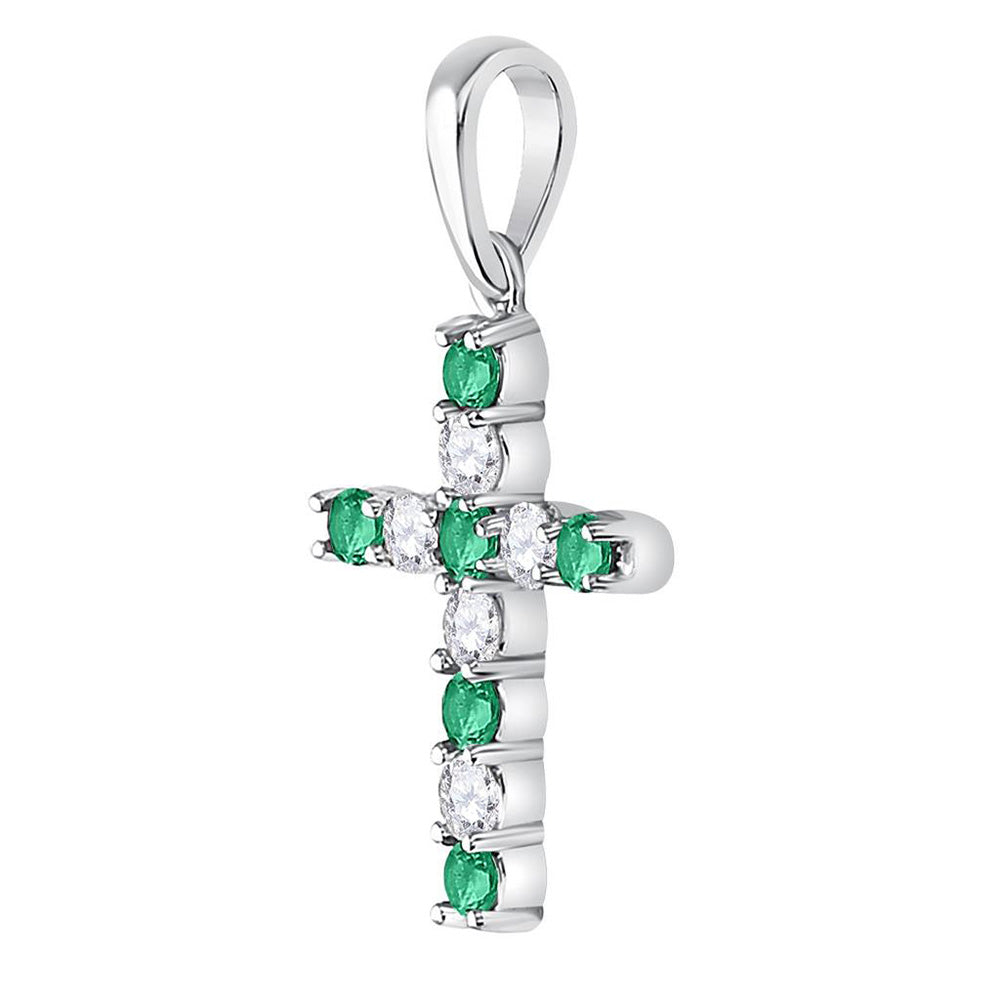 10kt White Gold Womens Round Lab-Created Emerald Cross Pendant 1/3 Cttw