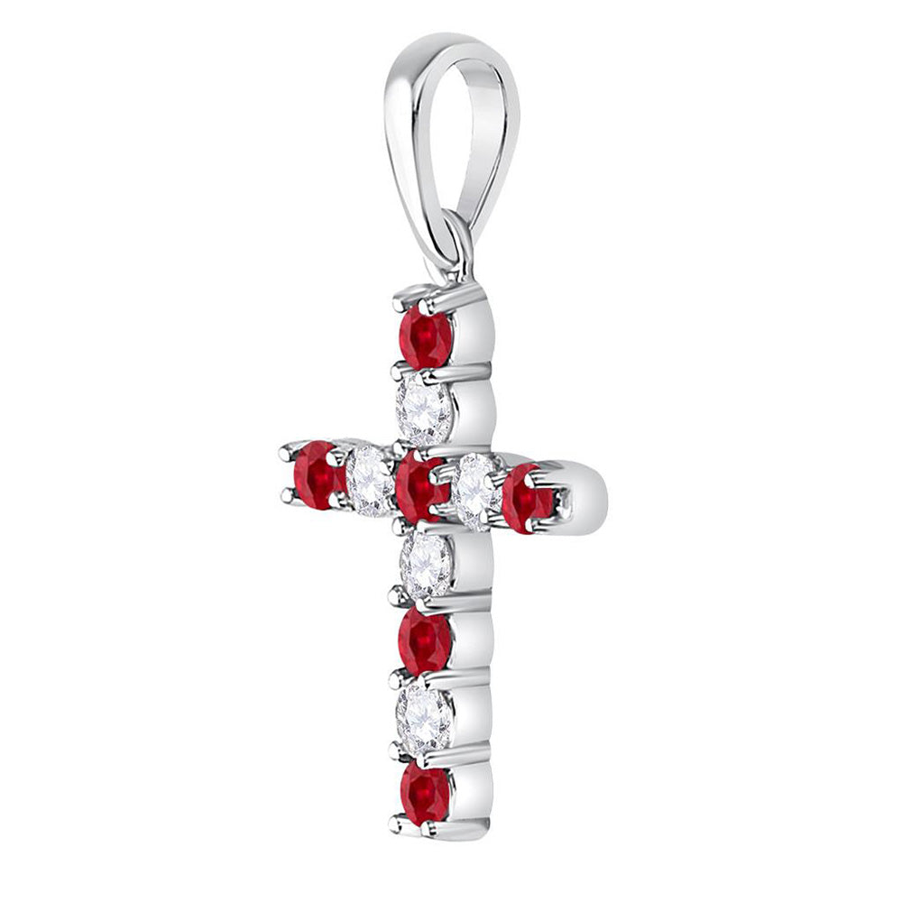 10kt White Gold Womens Round Lab-Created Ruby Faith Cross Pendant 3/8 Cttw