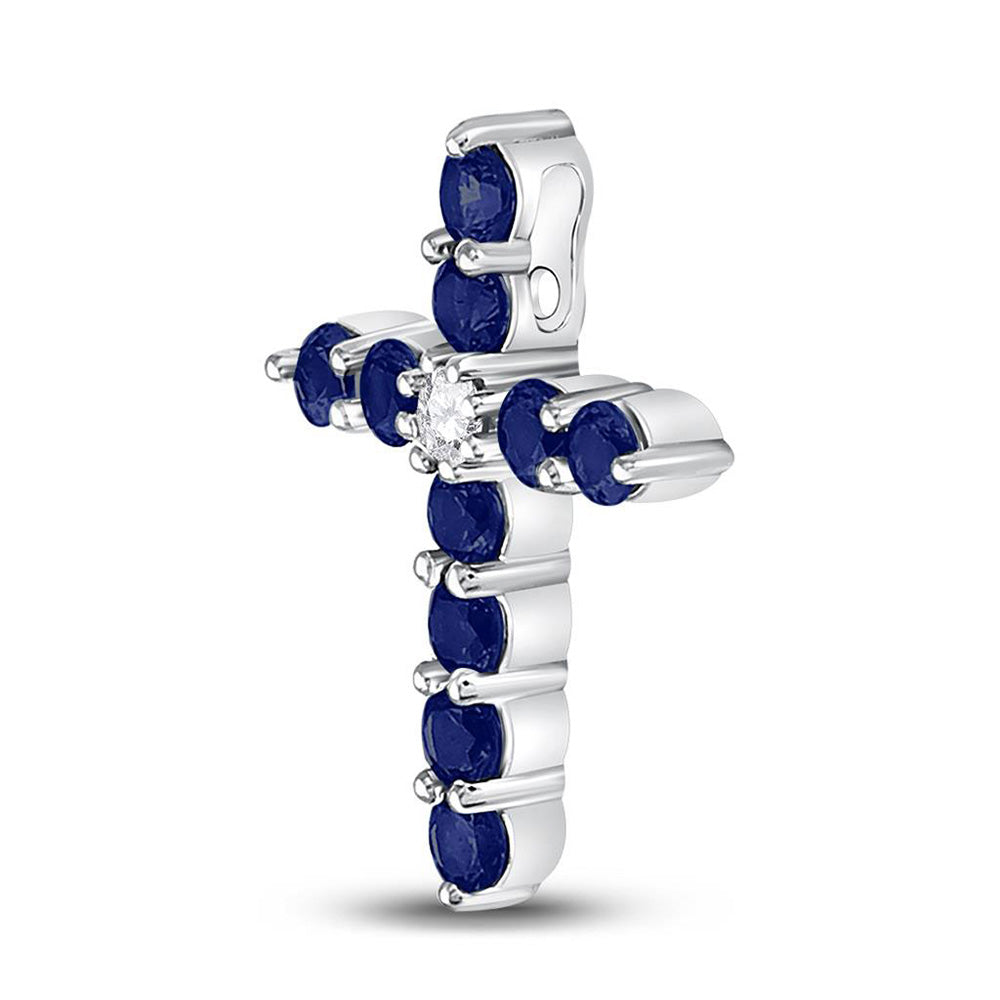 10kt White Gold Womens Round Lab-Created Blue Sapphire Cross Pendant 7/8 Cttw