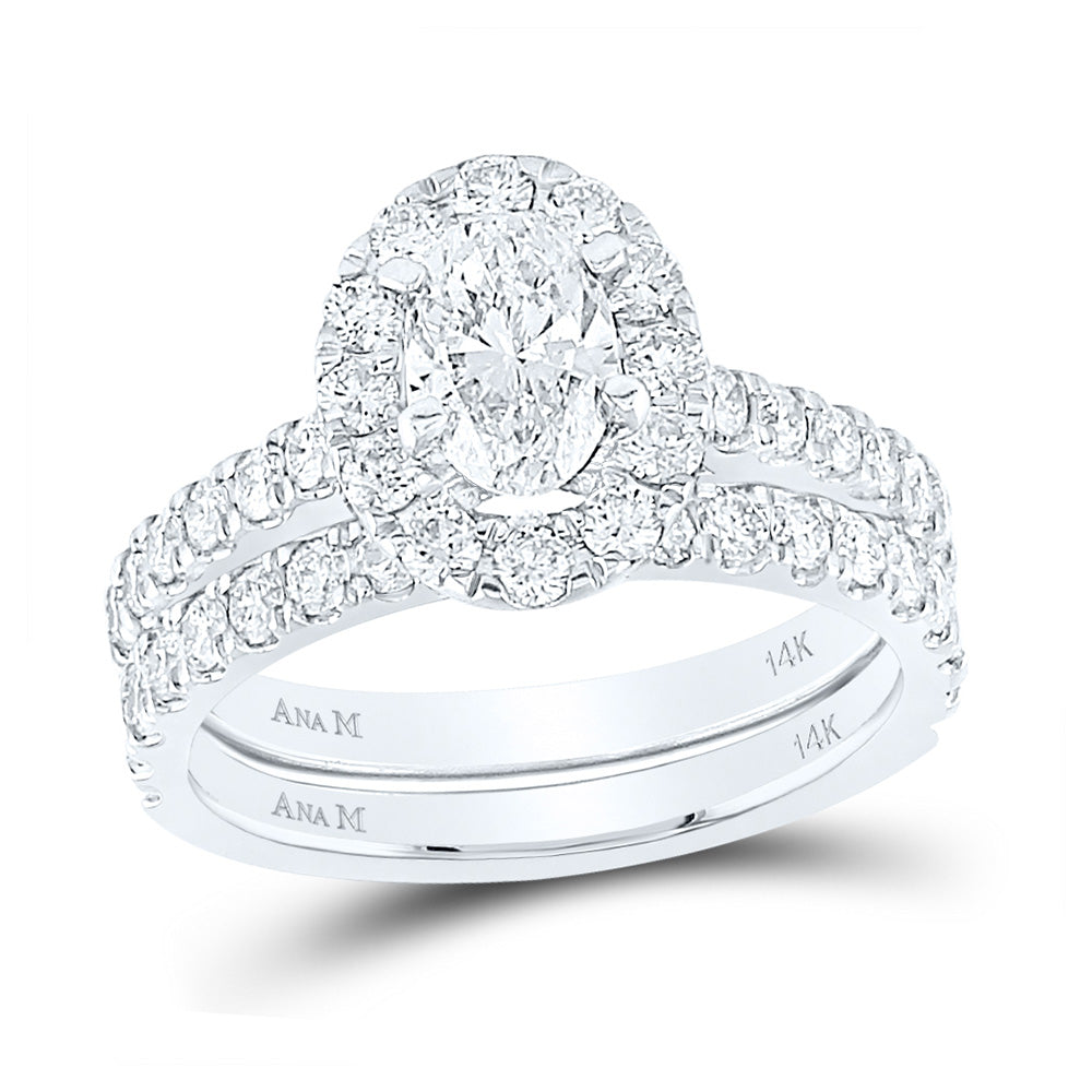 14kt White Gold Oval Diamond Bridal Wedding Ring Band Set 1-7/8 Cttw