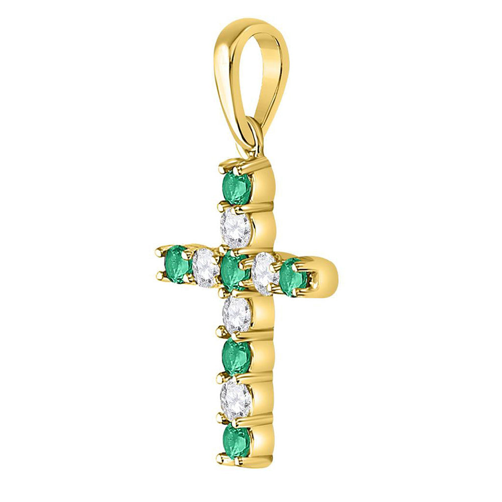 10kt Yellow Gold Womens Round Lab-Created Emerald Cross Pendant 1/3 Cttw