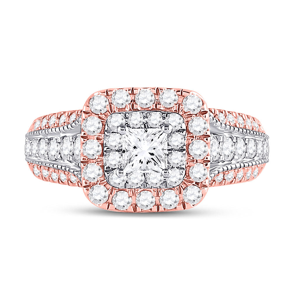 14kt Two-tone Gold Princess Diamond Halo Bridal Wedding Engagement Ring 1-1/2 Cttw