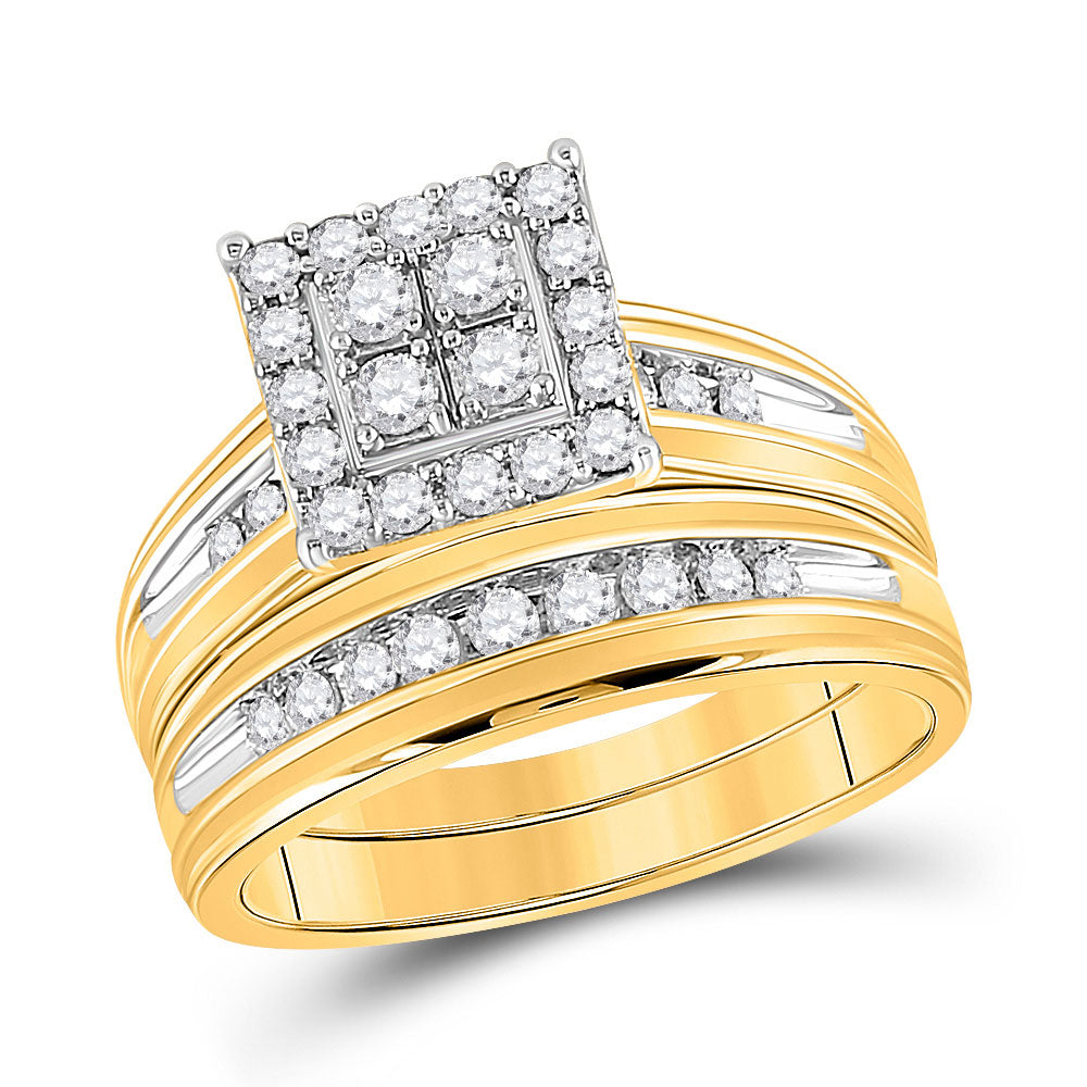 14kt Yellow Gold His Hers Round Diamond Square Matching Wedding Set 1 Cttw