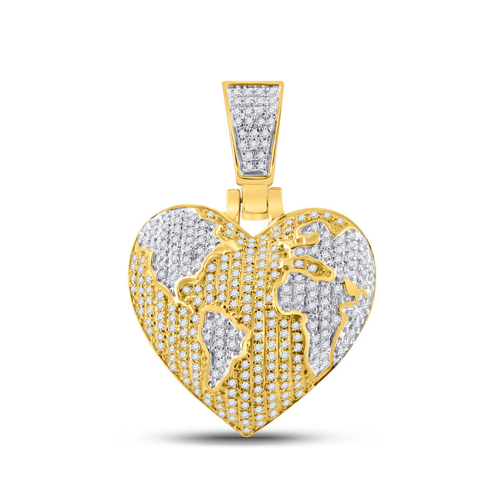 10kt Yellow Gold Mens Round Diamond Heart Globe Charm Pendant 3/4 Cttw