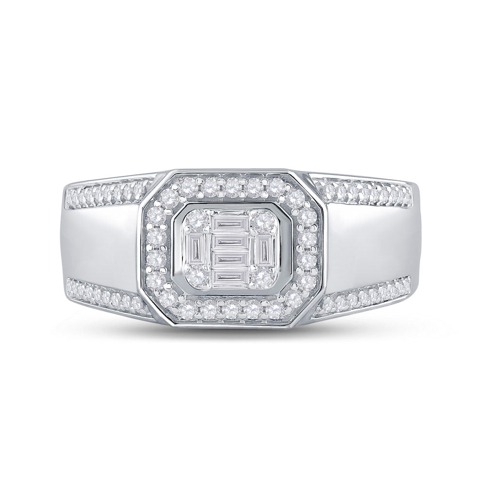 14kt White Gold Womens Baguette Diamond Octagon Cluster Ring 1/2 Cttw