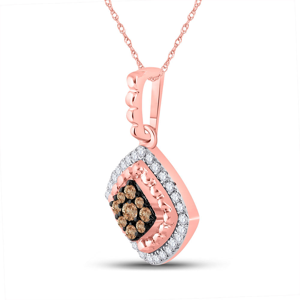 10kt Rose Gold Womens Round Brown Diamond Offset Square Pendant 1/4 Cttw