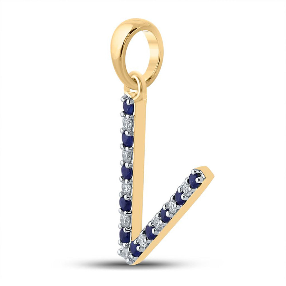 10kt Yellow Gold Womens Round Blue Sapphire Diamond V Letter Pendant 1/6 Cttw