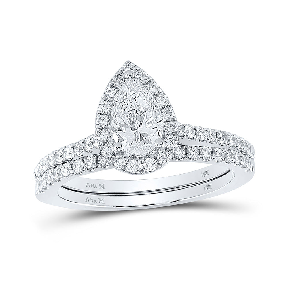 14kt White Gold Pear Diamond Halo Bridal Wedding Ring Band Set 1-1/4 Cttw