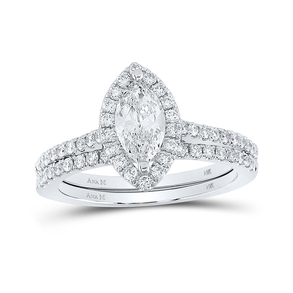 14kt White Gold Marquise Diamond Halo Bridal Wedding Ring Band Set 1-1/4 Cttw