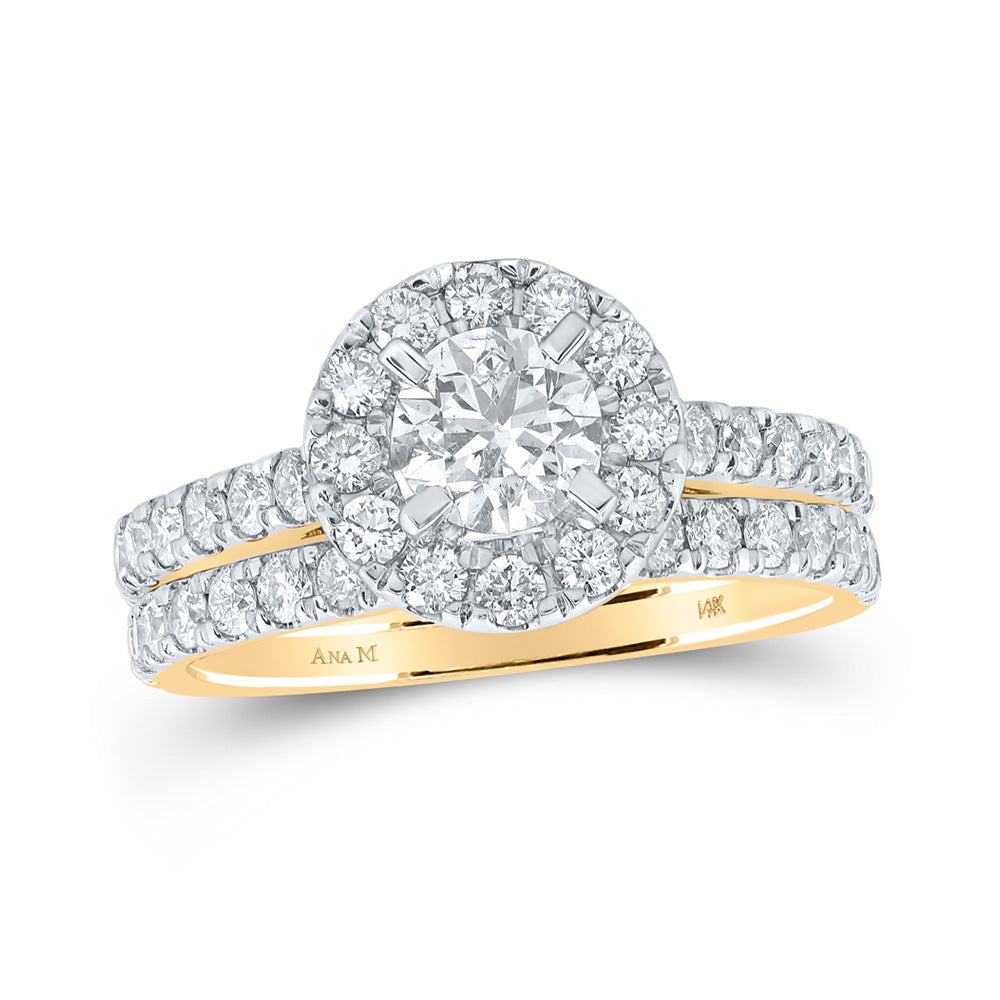 14kt Yellow Gold Round Diamond Halo Bridal Wedding Ring Band Set 1-7/8 Cttw