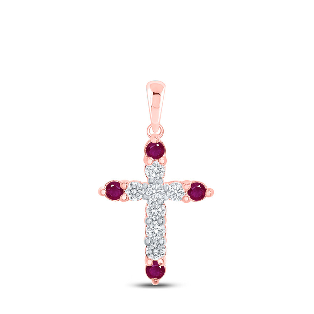 10kt Rose Gold Womens Round Lab-Created Ruby Cross Pendant 1-1/5 Cttw