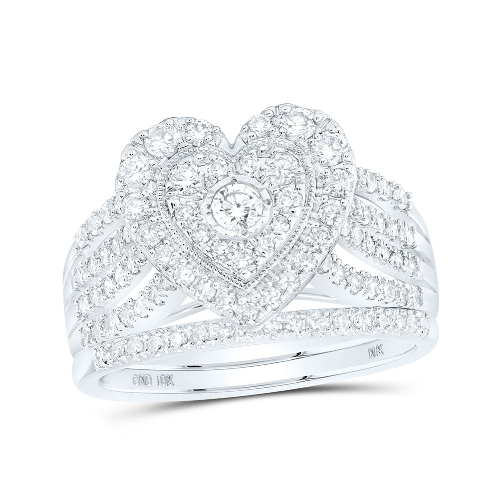 10kt White Gold Round Diamond Heart Bridal Wedding Ring Band Set 1 Cttw