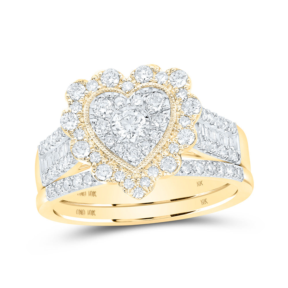 10kt Yellow Gold Round Diamond Heart Bridal Wedding Ring Band Set 1 Cttw