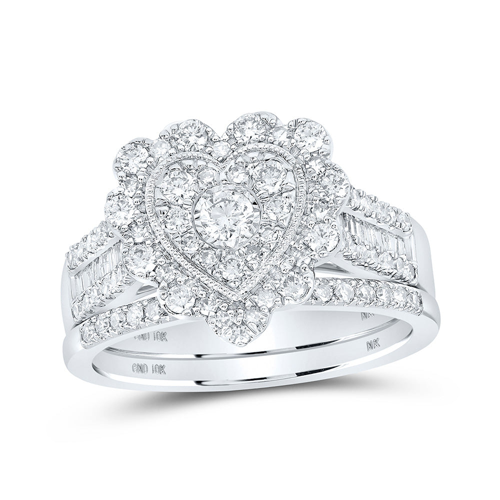 10kt White Gold Round Diamond Heart Bridal Wedding Ring Band Set 7/8 Cttw