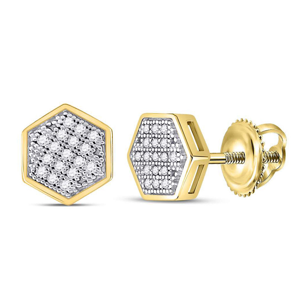 10kt Yellow Gold Mens Round Diamond Hexagon Earrings 1/10 Cttw